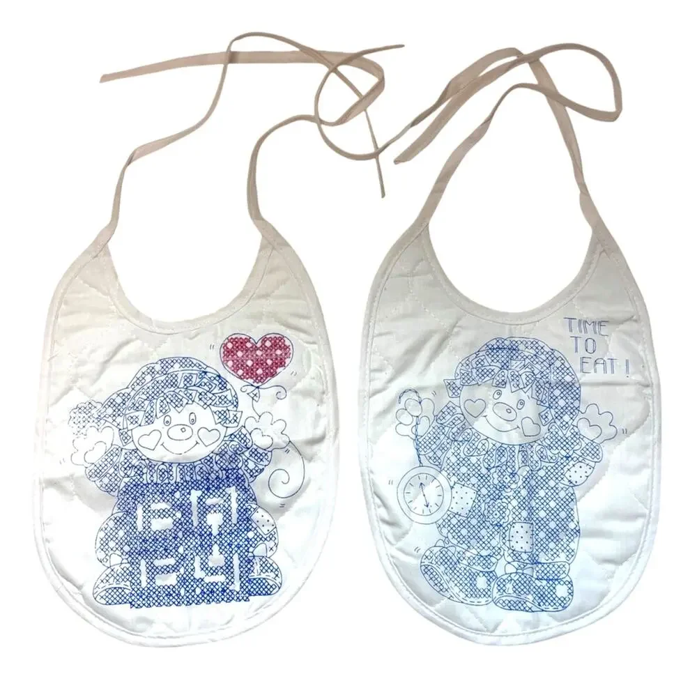 2 Vintage Partially Finished Stamped Cross Stitch Baby Bibs Clown